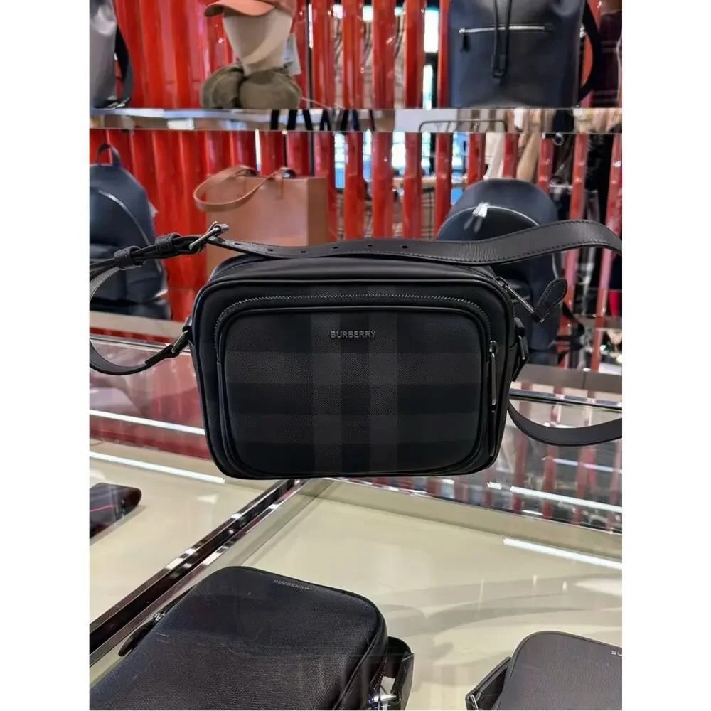Burberry Black charcoal Check Leather Messenger Bag
